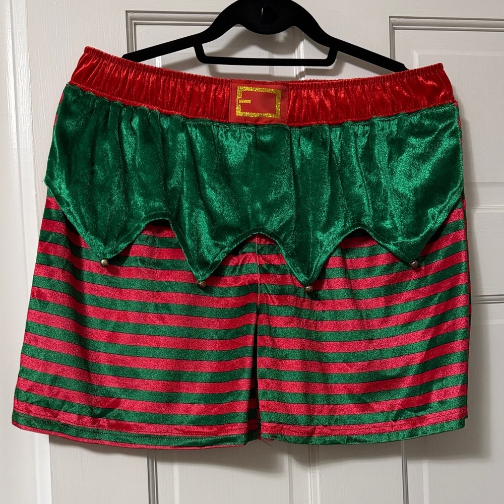 Festive Green and Red Striped Velvet Jingling Shorts